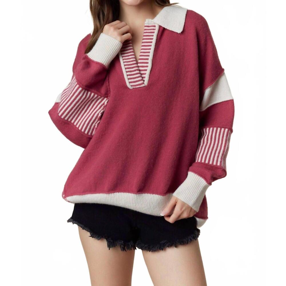 NEW PEACH LOVE stevie oversized collared sweater in berry